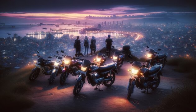The scene depicts motorbikes parked on a hill overlooking the city at dusk.