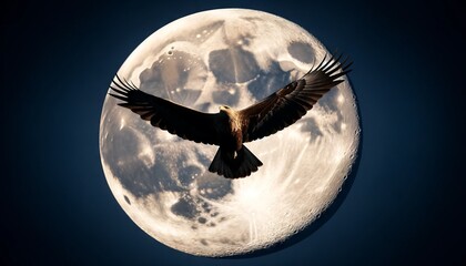 A bird flying across a full moon, captured in a close-up shot to emphasize the details of the bird against the bright moon. - obrazy, fototapety, plakaty