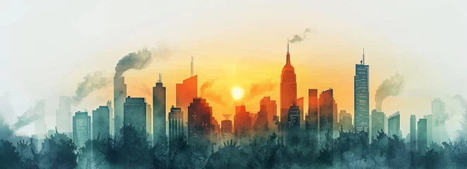 Schapenvacht deken met patroon Aquarelschilderij wolkenkrabber  Abstract watercolor cityscape with industrial smoke