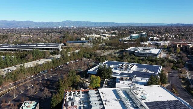 Aerial view of the Interstate 280 freeway as its passes through downtown Cupertino, California, USA.