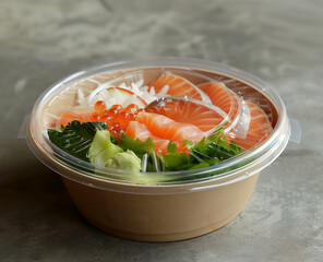 A white round paper food container with clear lid, plastic bowl mockup