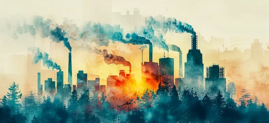 Peel and stick wall murals Watercolor painting skyscraper Abstract watercolor cityscape with industrial smoke
