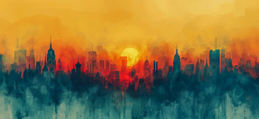 Abstract watercolor cityscape with industrial smoke