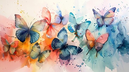 Fluttering butterflies, spring watercolor