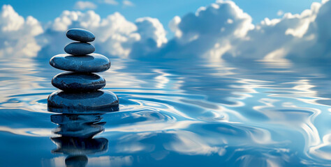 Zen stones balanced in serene water - obrazy, fototapety, plakaty