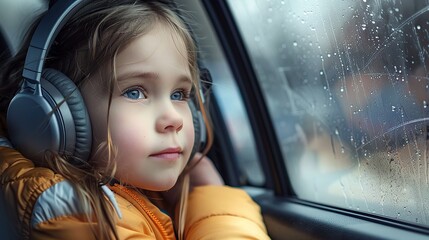Little girl with headphones looking out of the car window during the ride. copy space for text.