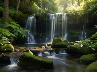 Waterfall cascades down moss covered the rocks in National park