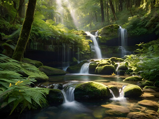 Obraz premium Waterfall cascades down moss covered the rocks in National park
