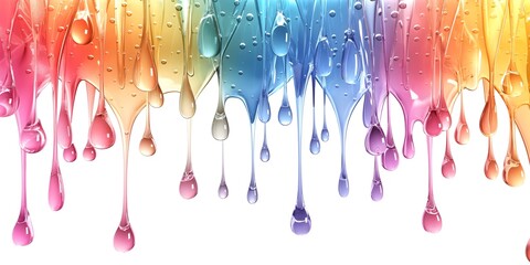 Abstract background, Transparent slime drops rainbow gradient 3D illustration, slow flow, layer by layer, transparent liquid effect, white background