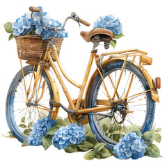 Watercolor illustration of a yellow bicycle with flowers hydrangea