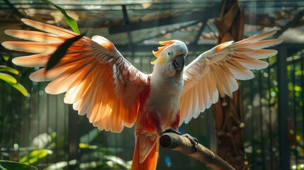 Majestic cockatoo spreading wings gracefully in spacious aviary.