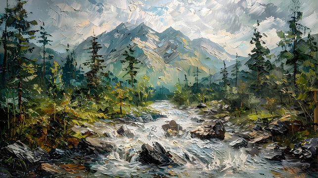Majestic Mountain Landscape with Flowing River and Lush Forest Painting in Impasto Oil Technique Reminiscent