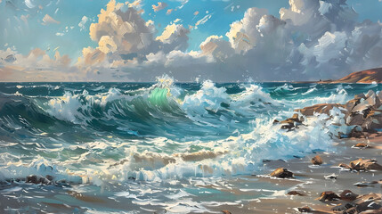 Captivating Seascape in Expressionist Style Crashing Waves Rugged Coastline and Dramatic Skies - obrazy, fototapety, plakaty
