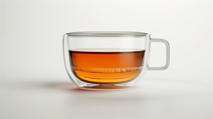 Modern glass tea cup with a sleek silhouette, allowing the rich amber hue of the tea to shine against the clean white surface.