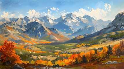 Majestic Mountain Range Ablaze in Autumn Splendor An Oil Painting Capturing the Dramatic Landscape s Vibrant Colors and Textured Brushstrokes - obrazy, fototapety, plakaty