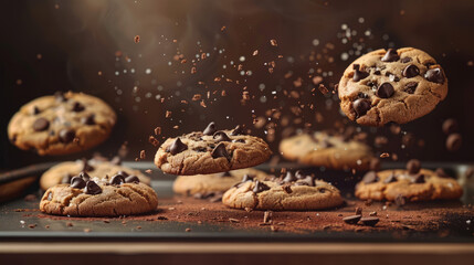A tantalizing view of chocolate chip cookies and scattered chocolate pieces defying gravity on a dark setting - obrazy, fototapety, plakaty