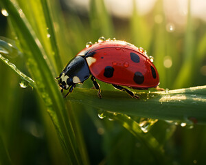 Naklejka premium A vibrant red ladybug adorned with black spots traverses the dewy terrain of fresh green grass blades