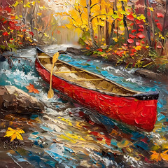 Vibrant Autumn Watercraft Voyage on Scenic River Surrounded by Lush Foliage in Lively Impressionist Painting - obrazy, fototapety, plakaty