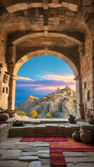 Fototapeta premium Each Photo Preserves The Timeless Appeal Of A Stone Age Home, Showcasing Its Harmonious Integration With The Ever-Changing Canvas Of The Sky In A Stunning Visual Narrative 