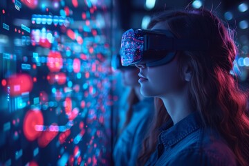 A person uses VR in a technological atmosphere background