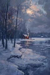 Captivating Winter Evening Landscape with Iced Lake Cabin Smoke and Leafless Trees