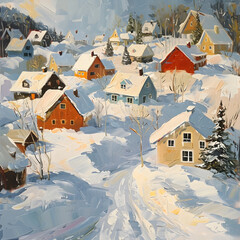 Cozy Minimalist Winter Village Oil Painting with Impasto Brush Strokes and Warm Inviting Atmosphere