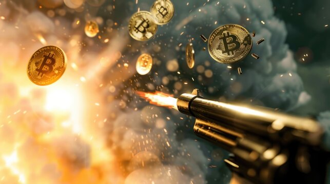gun being aimed to shoot Bitcoin coins from a high place
