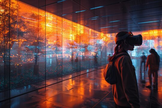 A person uses VR in a technological atmosphere background