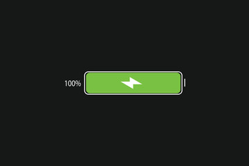 battery charging indicators with lightning symbol and percentages. Charge level from 0 to 100 percentage on gray background