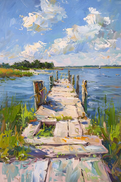 Minimalist and Sleek Oil Painting of Abandoned Summer Boat Dock with Impasto Technique and Masterful Color Choices