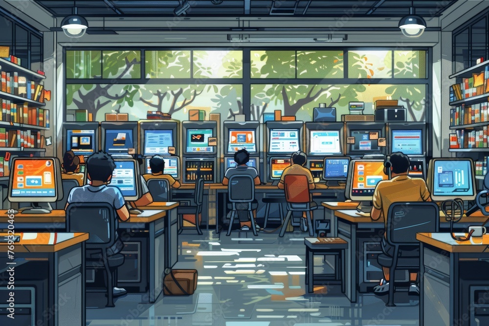 Poster a conceptual illustration of a cyber cafe with customers using desktop computers and laptops for onl