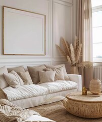Mockup Frame Enhancing Coastal Interior Background in Light Pastel Tones. Presented in 3D Render. Made with Generative AI Technology
