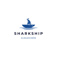 Sailing boat combine with shark logo design on isolated background