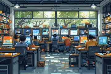 A conceptual illustration of a cyber cafe with customers using desktop computers and laptops for online activities  - obrazy, fototapety, plakaty