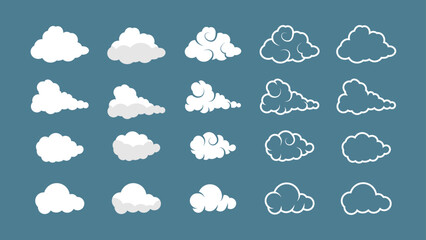 Collection of gradient cartoon and anime clouds in a sleek flat design collection. Cloud shapes design. Vector set clouds. White cloud collection. Vector. - obrazy, fototapety, plakaty