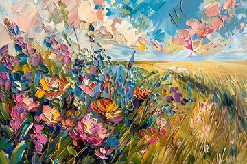 Vibrant Abstract Floral Summer Meadow Landscape in Expressive Brush Strokes