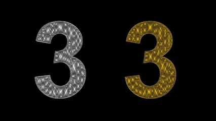 Beautiful illustration of silver and golden number 3 on plain black background