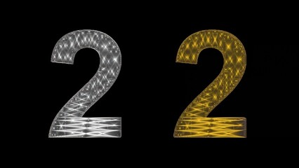 Beautiful illustration of silver and golden number 2 on plain black background