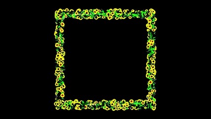 Beautiful illustration of square frame with yellow flowers and green leaves on plain black background