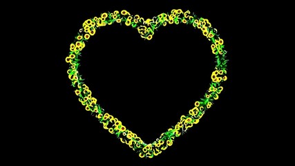 Beautiful illustration of heart shape with yellow flowers and green leaves on plain black background
