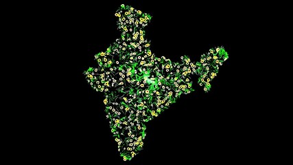 Beautiful illustration of Indian map with yellow flowers and green leaves on plain black background