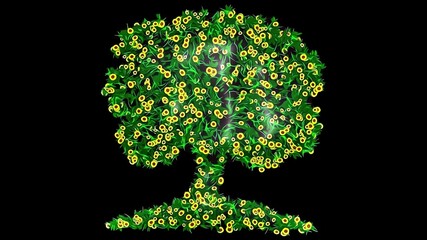 Beautiful illustration of tree shape with yellow flowers and green leaves on plain black background