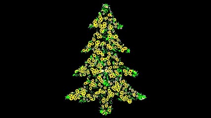 Beautiful illustration of Christmas tree with yellow flowers and green leaves on plain black background