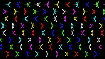 Beautiful illustration of colorful dragonflies pattern on plain black background