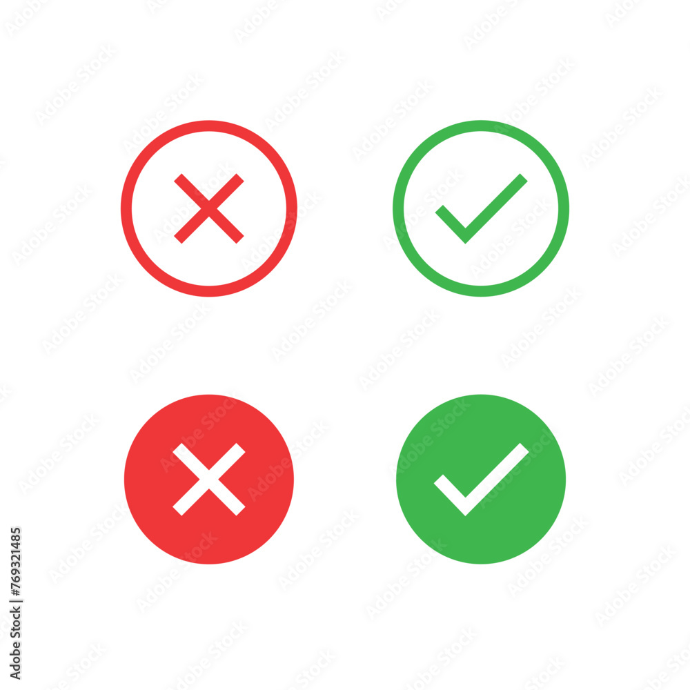 Poster tick, cross signs. green checkmark ok red x, simple marks circle symbols yes no button for vote, che