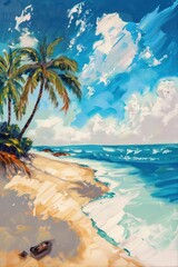 spring-summer oil painting shows a beach scene and coconut trees, the rough canvas texture resembles the strokes of a palette knife
