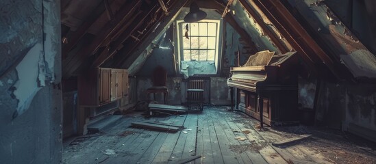 Vintage attic scene with abandoned house and eerie ambiance.