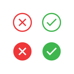 Tick, cross signs. Green checkmark OK red X, Simple marks Circle symbols YES NO button for vote, Check box list. Check marks line icons set, editable stroke isolated on white, linear flat design