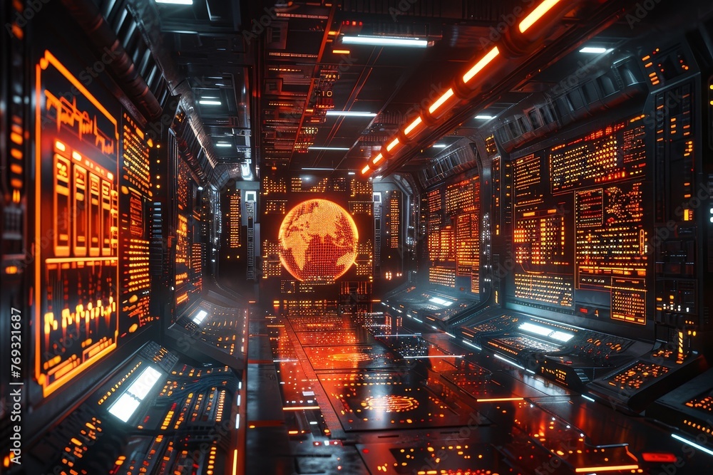Poster a futuristic 3d representation of a hacker's lair with digital screens displaying code and cyber thr