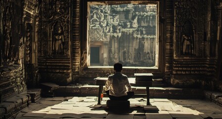 Against a backdrop of intricately carved stone walls a scholar sits at a desk studying ancient texts with intense concentration. . .
